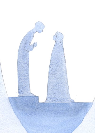 När barnet Jesus hittades i templet lutade han sig framåt och förklarade tyst för sin heliga moder (med oändlig vänlighet) att hans arbete redan hade börjat., 2001 (w/c på papper) av Elizabeth Wang