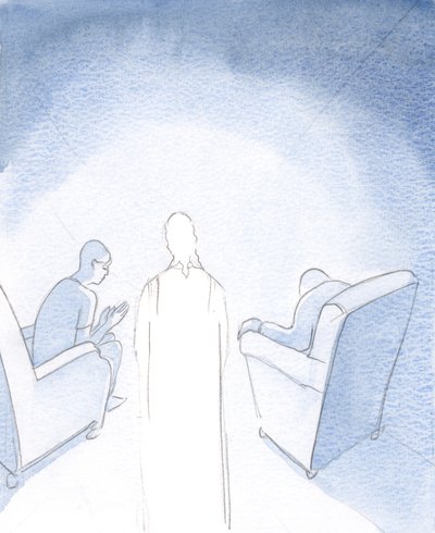 När två eller tre är samlade för att be i Jesu namn, är han där mellan dem, 2000 (w/c på papper) av Elizabeth Wang