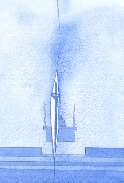 När vi frambär det heliga mässoffret uppträder en avsked i ?tyget? av tid och vi ?rör? ögonblicket för Kristi död på Golgata, 2002 (w/c på papper) av Elizabeth Wang