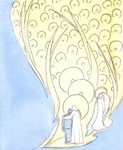 Närhelst vi ber i Jesu namn, även i mörker eller ensamhet, delar vi livet för hela himlens sällskap, 2004 (w/c på papper) av Elizabeth Wang