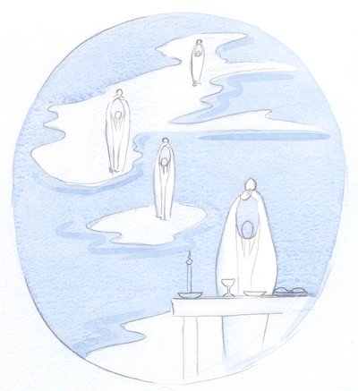 Varhelst en katolsk präst frambär det heliga mässoffret, finns Jesus Kristus, närvarande med sitt folk, 2000 (w/c på papper) av Elizabeth Wang