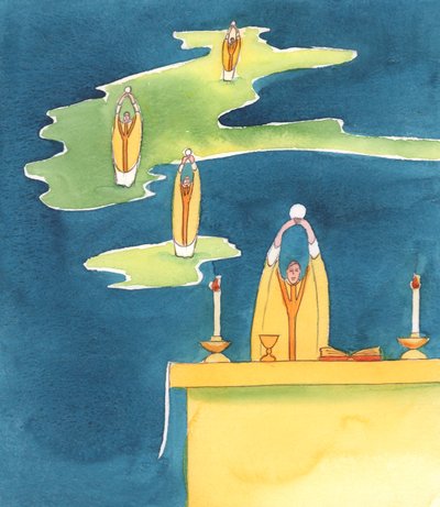 Varhelst en katolsk präst frambär det heliga mässoffret, finns Jesus Kristus, närvarande med sitt folk, 2000 (w/c på papper) av Elizabeth Wang