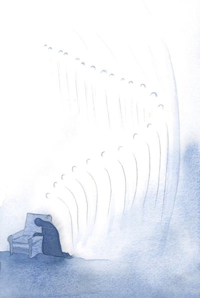 Vart vi än tillber, följer änglar oss i våra vördnadsfulla ord och gester, de böjer sig inför Gud, vår Fader och Skapare., 2001 (w/c på papper) av Elizabeth Wang