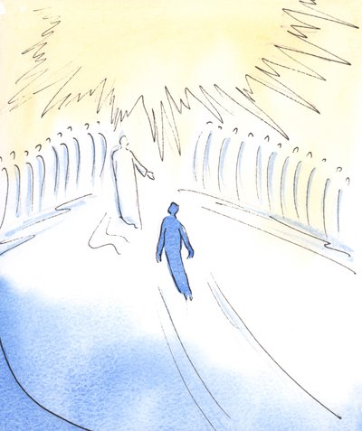 Den som prisar Fadern i Kristi namn, i Anden, är förenad med Kristus och med alla de heliga som tillber i himlen, 2003 (w/c på papper) av Elizabeth Wang