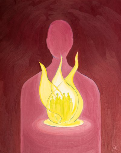 Med Guds kärlek kan vi hjälpa och be för dem vi bär i våra hjärtan, 2000 (olja ombord) av Elizabeth Wang