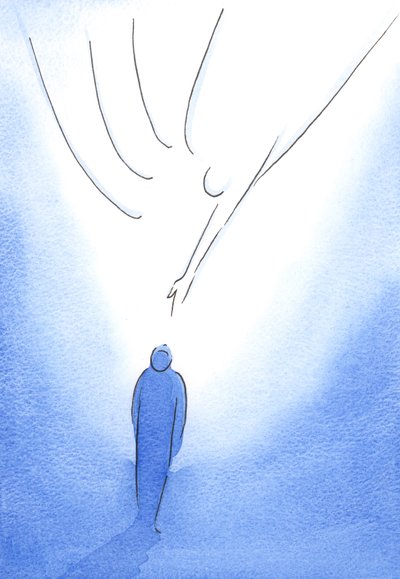 Inom Vår Frus mantel matas den glada själen av Kristus, upplyst av Hans Ande och uppmanas att se uppåt mot Fadern, 2002 (w/c på papper) av Elizabeth Wang