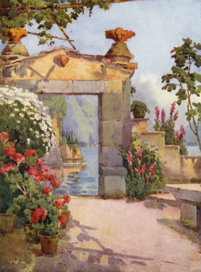 En dörröppning vid Varenna, Comosjön (färg litho) av Ella Du Cane