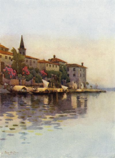 En grå morgon, Lago Maggiore (färg litho) av Ella Du Cane