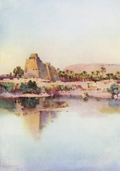 Hatshepset-pylonen vid Karnak, från den heliga sjön (färg litho) av Ella Du Cane