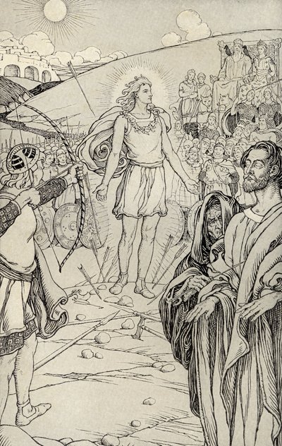 Varje pil överskrider hans huvud, illustration från "Myths from Many Lands", publicerad 1912 av Elmer Boyd Smith