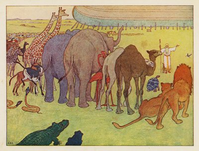 Noaks ark: Montering av djuren (färglitografi) av Elmer Boyd Smith