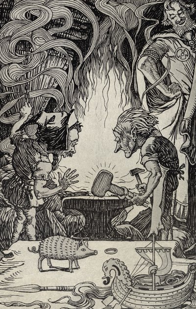 The Third Gift an Enormous Hammer, illustration från Myths from Many Lands, publicerad 1912 av Elmer Boyd Smith