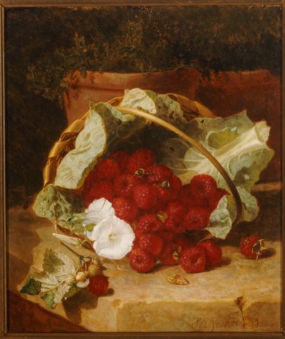 Hallon i en kålbladsfodrad korg med vit konvulvulus på en stenavsats, 1880 av Eloise Harriet Stannard