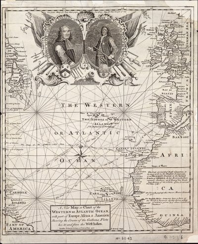 En ny karta eller ett nytt sjökort över västra oceanen eller Atlanten med delar av Europa, Afrika och Amerika: som visar galärernas färd till och från Västindien av Emanuel Bowen