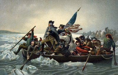 George Washington korsade Delaware under det amerikanska frihetskriget, 25 december 1776 (chromolitho) av Emanuel Gottlieb (after) Leutze