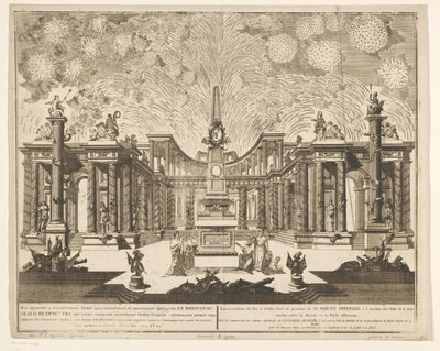 Vuurwerk in Moskou bij de viering van het einde van de Russisch-Turkse Oorlog, 1775 (akt III) Representation of Fireworks, avfyrad i närvaro av Hans kejserliga majestät i samband med firandet av freden mellan Ryssland och den osmanska porten (serie av Emel