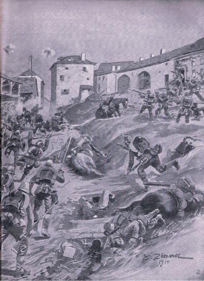 Aschaffenberg 2:a bayerska jägarebataljonen i Lagarde augusti 1914, från puben The Illustrated History of the World War 1914-1915 pub. av Union Berlagsefellfchaft av Emil (after) Limmer