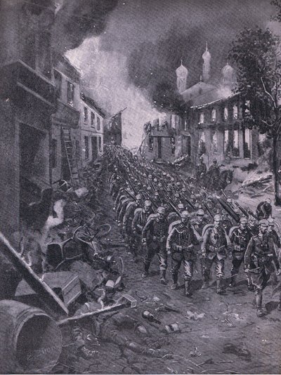 Tyska truppers invasion av Brest-Litowski, från puben The Illustrated History of the World War 1914-1915 pub. av Union Berlagsefellfchaft av Emil (after) Limmer