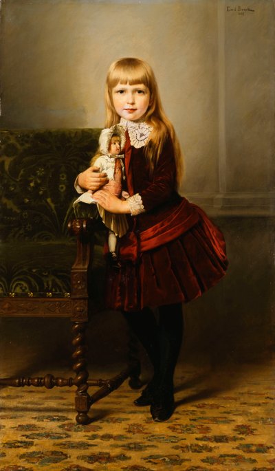Porträtt av en ung flicka som håller en docka, 1887 av Emil Brack