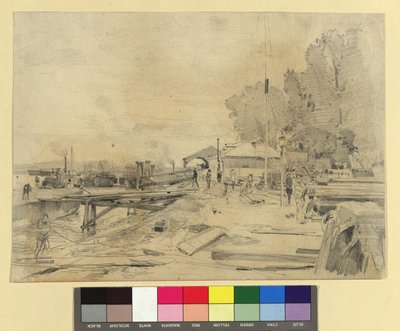 Dampfschiffstation an der Donau bei Kaisermühlen av Emil Jakob Schindler