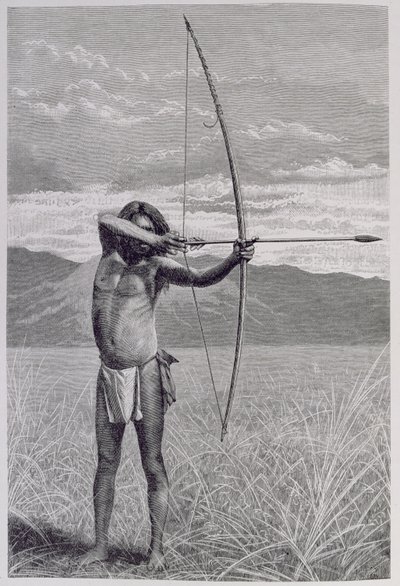 En Veddah från Ceylon som skjuter med båge, från "The History of Mankind", Vol.III, av Prof. Friedrich Ratzel, 1898. av Emil Schmidt