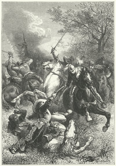 Cromwells ironsider i strid med rojalistiskt kavalleri i det engelska inbördeskriget (gravyr) av Emile Antoine (after) Bayard