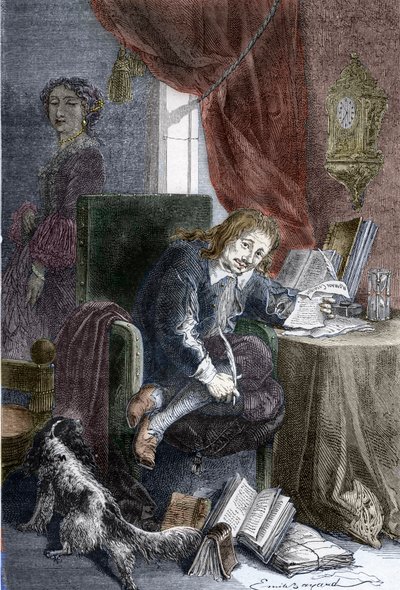 Porträtt av den franske författaren Paul Scarron (1610-1660) författare till burleska komedier, han är representerad på en invalid stol, hans fru Francoise d