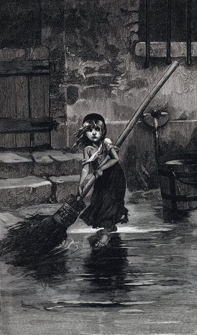Scen från Les Miserables, av Victor Hugo: Cosette svepande (gravyr) av Emile Antoine (after) Bayard