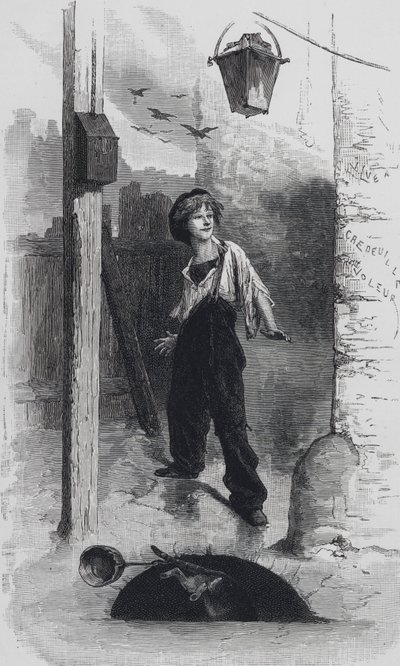 Scen från Les Miserables, av Victor Hugo: Gavroche (gravyr) av Emile Antoine (after) Bayard