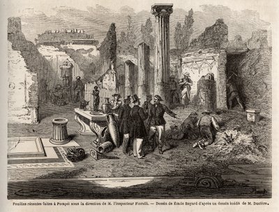 Utgrävningen av Pompeji, under ledning av inspektör Fiorelli, illustration från "Pompei et les Pompeiens", av Edouard Charton av Emile Antoine (after) Bayard