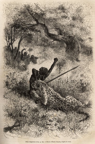 En leopard hoppar på en man och biter honom grymt i ryggen, i närheten av Bambare (Kongo), graverar efter en teckning av Emile Bayard, som illustrerar David Livingstones sista dagbok (1813-1873), 1866-1873, publicerad i " ”Le tour du monde”” 1875, red av Emile Antoine Bayard
