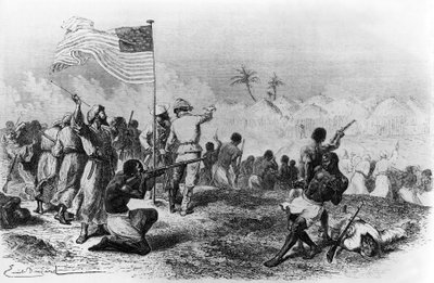 Zimbisos attack i sökandet efter Livingstone 1871-1872 (teckning) av Emile Antoine Bayard