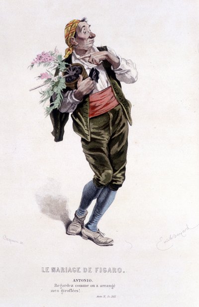 Komplett verk av Beaumarchais (1732-1799) av Edouard Fournier. teckning av Emile Bayard. Ed. Laplace, Sanchez et Cie, Paris 1876. Det här är Antonio i "Figaros bröllop"" av Emile Antoine Bayard