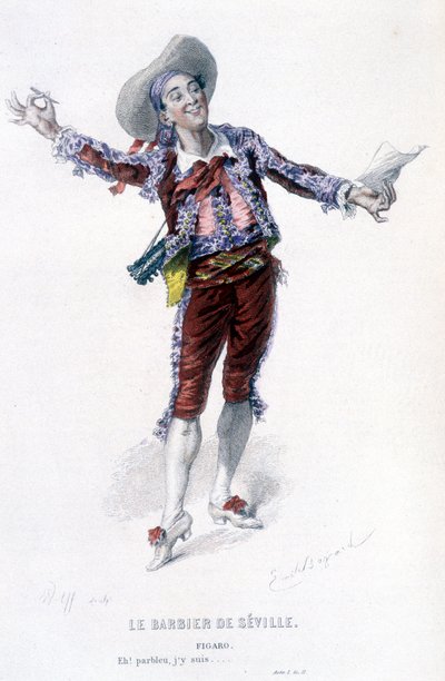 Komplett verk av Beaumarchais (1732-1799) av Edouard Fournier. teckning av Emile Bayard. Ed. Laplace, Sanchez et Cie, Paris 1876. Det här är Figaro i "Barberaren i Sevilla" av Emile Antoine Bayard