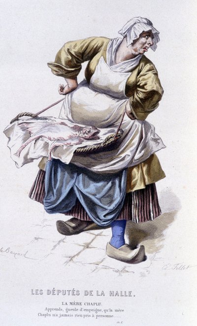 Komplett verk av Beaumarchais (1732-1799) av Edouard Fournier. teckning av Emile Bayard. Ed. Laplace, Sanchez et Cie, Paris 1876. Det här är Moder Chaplu i "The Deputies of the Hall" av Emile Antoine Bayard