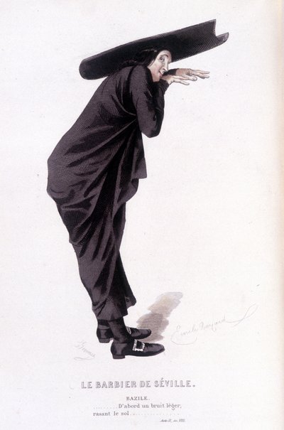 Komplett verk av Beaumarchais (1732-1799) av Edouard Fournier. teckning av Emile Bayard. Ed. Laplace, Sanchez et Cie, Paris 1876. Det här är Bazile i "Barberaren i Sevilla" av Emile Antoine Bayard