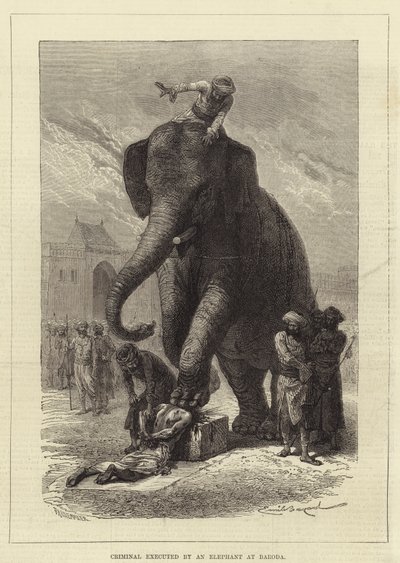 Brottsling avrättad av en elefant i Baroda av Emile Antoine Bayard