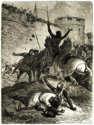 Korståg mot Albigeois - Siege of Toulouse, 25 juni 1218. Simon de Montforts bror har precis blivit skadad av en pil, Simon de Montfort själv kommer att dödas av en boll av katapultkast, sägs det, av en av kvinnorna av Toulouse som är av Emile Antoine Bayard