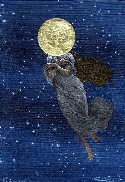 Gravyr (av Emile Bayard) av Jules Vernes bok "" Around the Moon"" (Hetzel edition/Voyages extraordinaire 1870): Beskrivning av månen tecknad med en ung kvinnas kropp (text av J. Verne): ""... uppstoppad yta, sprucken, en riktig skimmer, värdig u av Emile Antoine Bayard