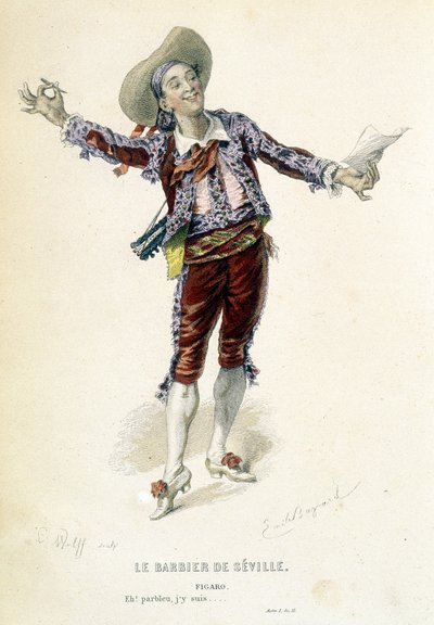 Figaro i "Barberaren i Sevilla" i "Oeuvres completes de Beaumarchais", red. Laplace Sanchez & cie, Paris av Emile Antoine Bayard