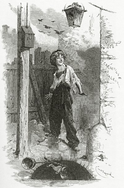 Gavroche, 1800-talet (bw gravyr) av Emile Antoine Bayard
