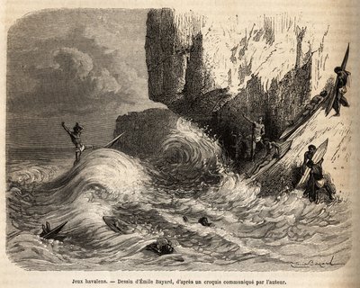 Hawaiian Games, vid branten av Mokapuu, på ön Oahu, distraherade invånarna sig själva genom att utöva sitt favoritspel: surfa, gravera efter Emile Bayards teckning, illustrera resan till Sandwichöarna, 1855-1869, av av Emile Antoine Bayard