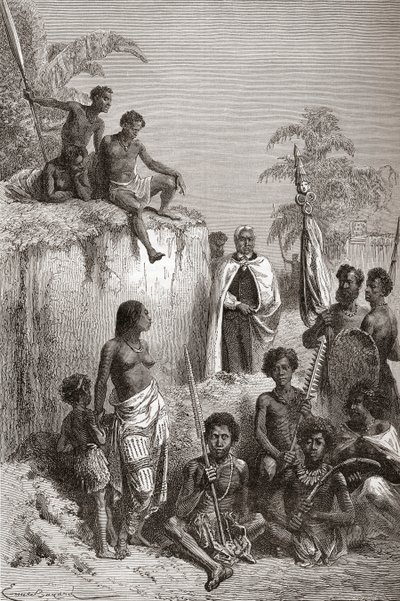 Hawaiisk kung Kamehameha I och hans krigare, illustration från 