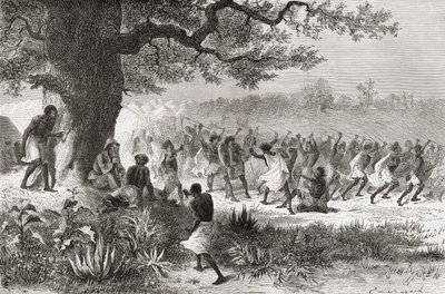 Henry Morton Stanley tittar på Vouagogos-stammen som förbereder sig för strid under sin expedition 1871, illustration från 