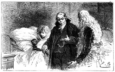 Illustration av Emile Bayard till Hector Malots roman "" Sans Famille "": Joli-Coeur (vackra hjärta), den sjuka forskarapan undersöks av en läkare (auskult av en läkare som tar kycklingen ifrån honom) i närvaro av Remi och Monsieur Vitalis - Hetze av Emile Antoine Bayard