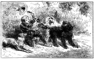 Illustration av Emile Bayard till Hector Malots roman “” Sans Famille “”: Remi leker med sina vänner, de lärda djuren i gruppen Monsieur Vitalis, resande konstnär - Joli-Coeur (vackra hjärtat), apan och de tre hundarna Capi, Zerbino och Dol av Emile Antoine Bayard