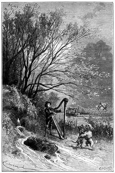 Illustration av Emile Bayard till Hector Malots roman "" Sans Famille ": Remi sjunger med harpan medan hans vänner dansar, de lärda djuren i monsieur Vitalis trupp, resande konstnär - de två hundarna Capi och Dolce - gatumusiker, saltibank av Emile Antoine Bayard
