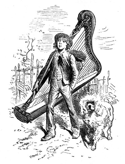 Illustration av Emile Bayard till Hector Malots roman "" Sans Famille ": Remi med sin vän hunden Capi och hans harpa - Edition Hetzel 1880 - av Emile Antoine Bayard