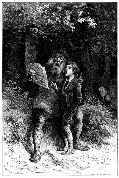 Illustration av Emile Bayard till romanen av Hector Malot "" Sans Famille ": Remi sjunger med Monsieur Vitalis, resande artist - gatumusiker, saltimbank - Edition Hetzel 1880 - av Emile Antoine Bayard