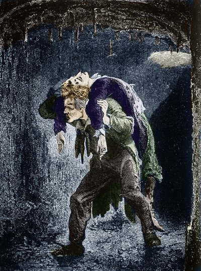Jean Valjean, Marius skadad på rygg, på flykt i Paris vatten Illustration av romanen "Les Miserables" av Victor Hugo (1802-1885) Illustration av Emile Bayard - (Jean Valjean tar med sig Marius på ryggen, genom kloakerna i Paris) Gravyr Pr av Emile Antoine Bayard